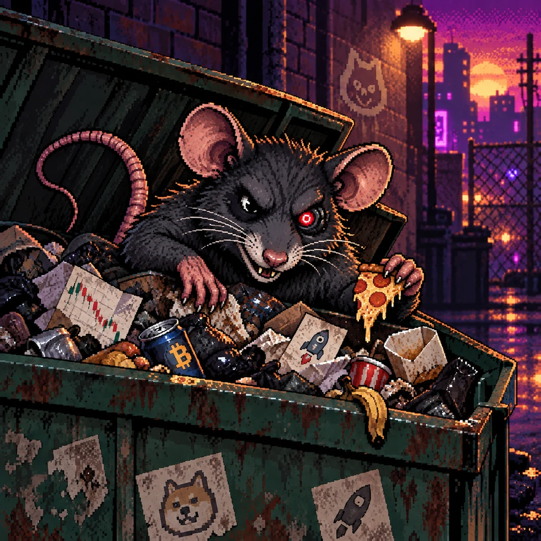 BINRAT, a cyber-eyed rat, digging through a dumpster of discarded token scraps